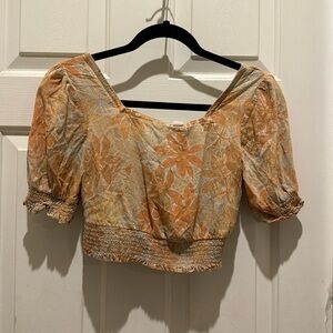 ROXY "Million Waves Again" Cropped Smocked Floral Blouse Sz XSmall